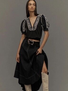 Anthropologie Black Puff-Sleeve V-Neck Blouse with White Embroidery XL